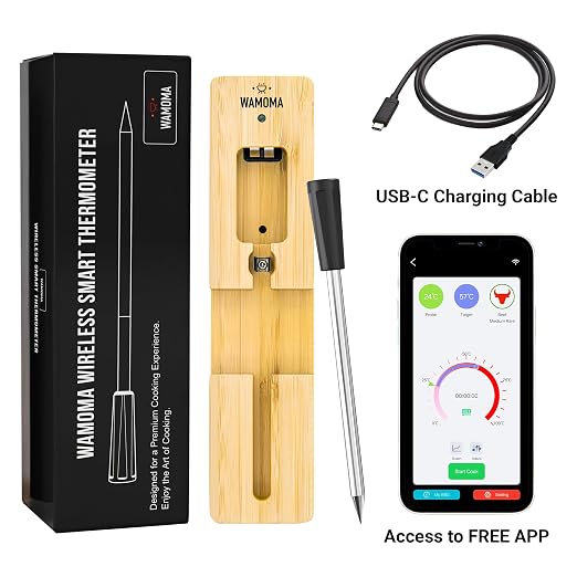 Smart Wireless Meat Thermometer - IPX7 Waterproof Ultra-Thin Probe | Bluetooth App-Controlled Digital Food Thermometer for BBQ Smoker, Kitchen Grilling Oven & Rotisserie with 165ft Range