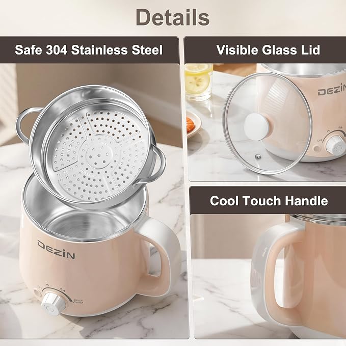 Dezin Hot Pot Electric with Steamer, Rapid Noodles Cooker, Stainless Steel Electric Pot 1.6 Liter, Perfect for Ramen, Egg, Dumpling, Soup, Oatmeal with Temperature Control and Keep Warm Function