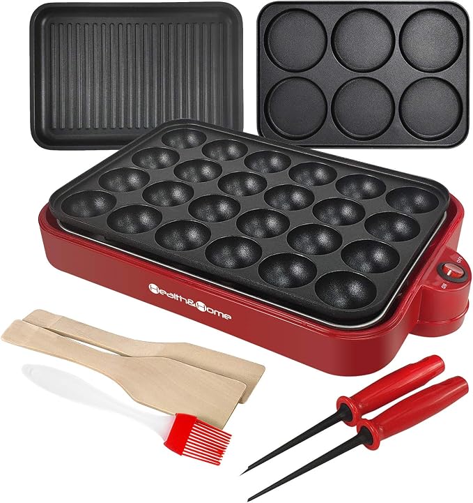 Health and Home Multifunction Nonstick Baking Maker with 3 Interchangeable Baking Plates for Grill,Pan Cake and Cake Pops,Takoyaki Maker.RED
