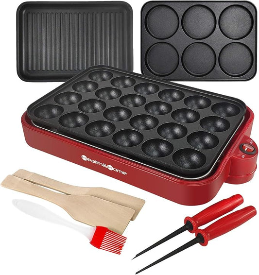 Health and Home Multifunction Nonstick Baking Maker with 3 Interchangeable Baking Plates for Grill,Pan Cake and Cake Pops,Takoyaki Maker.RED