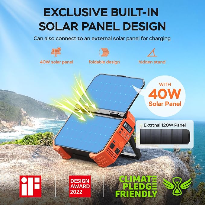 BLAVOR Portable Power Station with 120W Solar Panel, 1600W (Peak 3200W) Solar Generator Built-in Solar Panel, 1024Wh LiFePO4 Battery, 100W USB-C Fast Charge