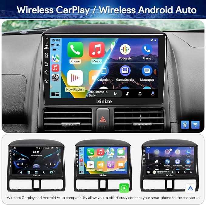 BINIZE Android 13 Car Stereo Radio Compatible with Honda CRV 2002 2003 2004 2005 2006 with Wireless CarPlay Android Auto,Touch Screen Bluetooth Car Radio with GPS WiFi HiFi FM/RDS Backup Camera