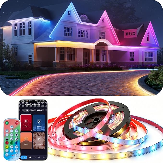 DeckTok RGB LED Strip Lights Outdoor, 65.6ft Smart LED Outdoor Lights with Alexa Google Assistant, App Control, Music Sync, Timer, IP67 Waterproof Light Strip for Balcony, Roof, Garden, Pool Decor