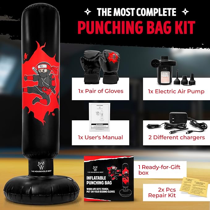 THB Punching Bag for Kids - Inflatable Punching Bag with Boxing Gloves for Kids Age 3-8, 63” Ninja Boxing Bag with Electric Air Pump to Practice Taekwondo, Karate, MMA, Bouncing Back