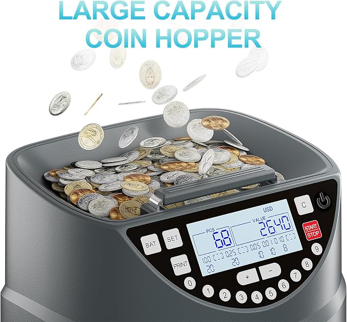 Coin Counter and Sorter with TFT Display - Accurate Sorting Machine for 5 Denominations, Smooth Operation at Up to 350 Coins Per Minute, Ideal for Efficient Money Management