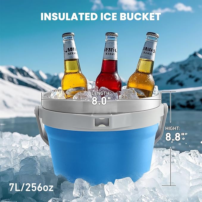 COKTIK 7L Vacuum Insulated Ice Bucket with Lid and Scoop& Tongs，Large capacity Stainless Steel Beverage Bucket for Cocktail, Champagne, Wine, Beer，Large Parties（Blue Suit）