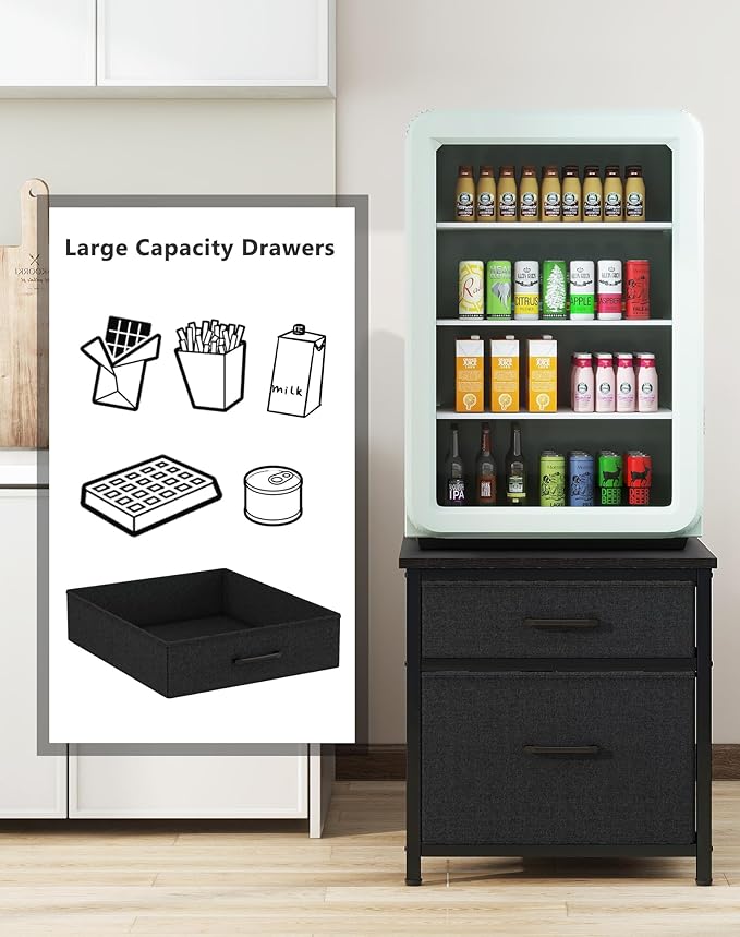 YMYNY Mini Fridge Stand with Storage, Mini Fridge Cabinet with Fabric drawers, 250lbs Heavy-Duty Compact Refrigerator Table, Coffee Bar Shelf, for Home, Office, Bedroom, Black HBR008B