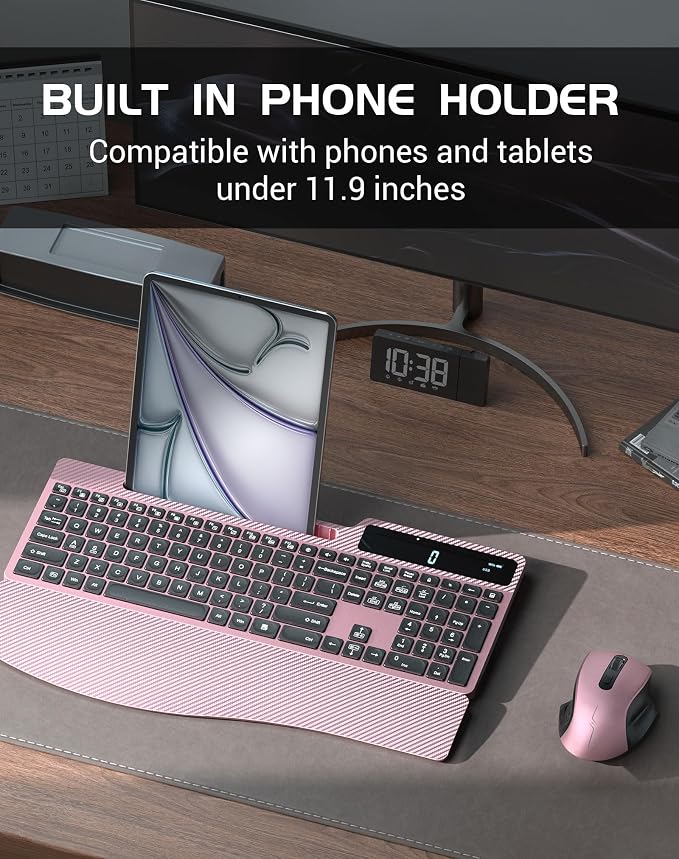 Wireless Keyboard Mouse Combo, Full Size Quiet Ergonomic Keyboard with Calculator, Backlit, Wrist Rest, Phone Holder, 2.4Ghz Silent Rechargeable Keyboard & Mouse for Laptop, PC, Windows (Pink Black)