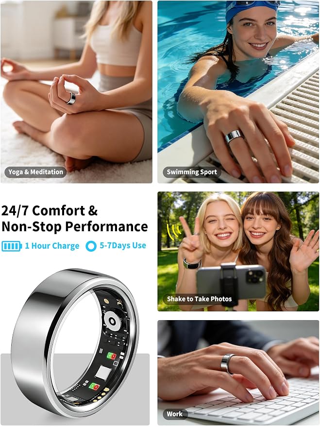 Smart Ring for Women Men Fitness Tracker Heart Rate Sleep Trends 128 Sports Modes Gesture Control Cycle Tracking IP68 Waterproof No Subscription Compatible with iPhone Android (Silver, Size 9)