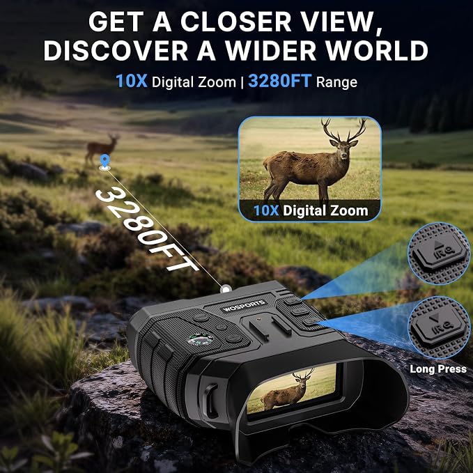 WOSPORTS 4K Night Vision Goggles with 48MP Photo, 3280ft Full Color Vision, 1300ft IR Distance, 3" HD Screen, 10X Optical Zoom, 5000mAh Battery, Binoculars for Wildlife Observation, Gifts for Men