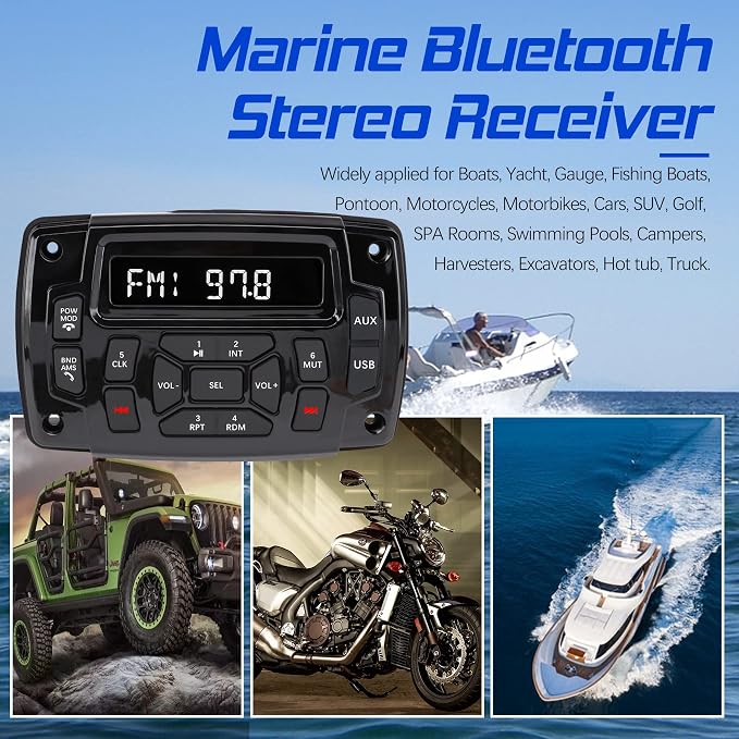 Marine Stereo Audio Radio Bluetooth Car Stereo Receivers Waterproof Player MP3 Boat Media with AM/FM Music Radio USB Input for Golf Cart Motorcycle UTV Head Unit Sound System