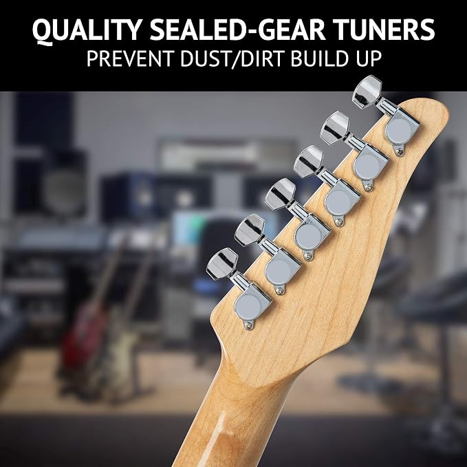 LyxPro 39” Electric Guitar Left Hand TL Series, Full-Size Paulownia Wood Body, 3-Ply Pickguard, C-Shape Neck, Ashtray Bridge, Quality Gear Tuners, 3-Way Switch & Volume/Tone Controls, 2 Picks, Natural