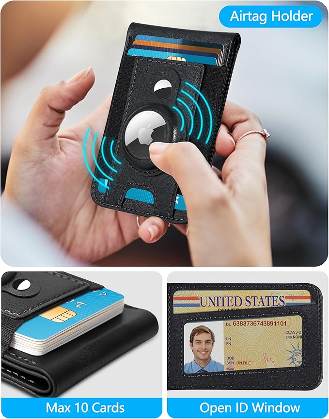 ExtreLife for Magsafe Wallet with Airtag Holder, Magnetic Wallet for iPhone 17/16/15/14/13/12 Series, 9-Card Holder, Open ID Window, Adjustable Stand, RFID Blocking, Black-B