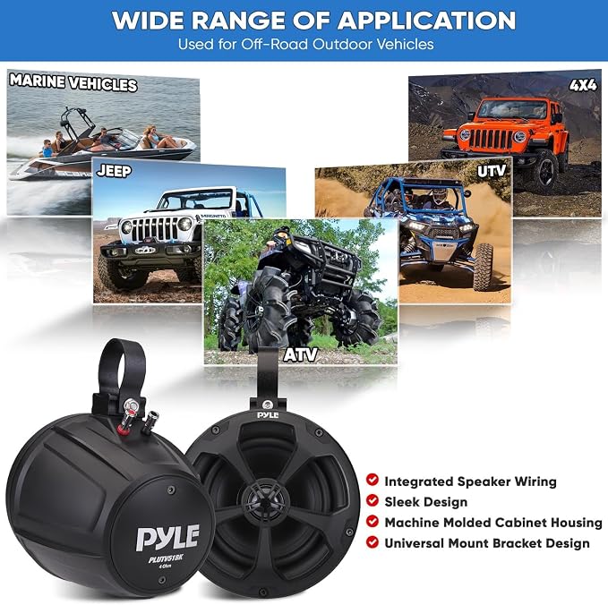 2-Way Dual Waterproof Off-Road Speakers - 5.25 Inch 1000W Marine Grade Wake Tower Speakers System, Full Range Outdoor Audio Stereo Speaker for ATV, UTV, Quad, Jeep, Boat - Pyle PLUTV51BK