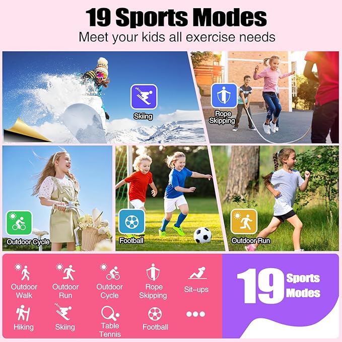 meoonley Kids Watch for Girls Boys with IP68 Waterproof, Girls Watch with 19 Sports Modes, Sleep Tracking, Pedometer, Stopwatch, Kids Activity Tracker, Birthday Gifts for Girls Age 6-15 Years Old