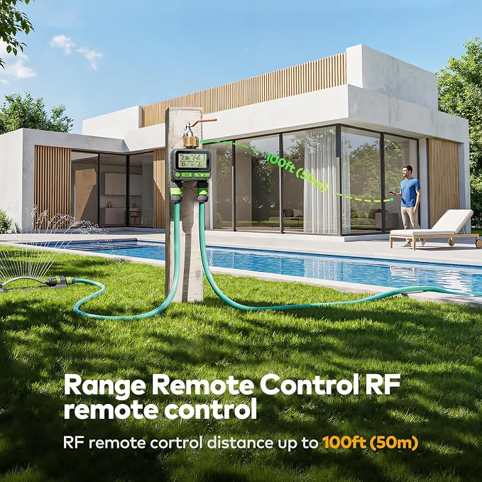 Remote Control Sprinkler Timer for Outdoor Hose Faucet 2 Zone, Smart Water Timer for Garden Hose, Sprinkler Controller with Rain Delay/Manual Watering/Automatic Irrigation for Yard Lawn (Brass Inlet)