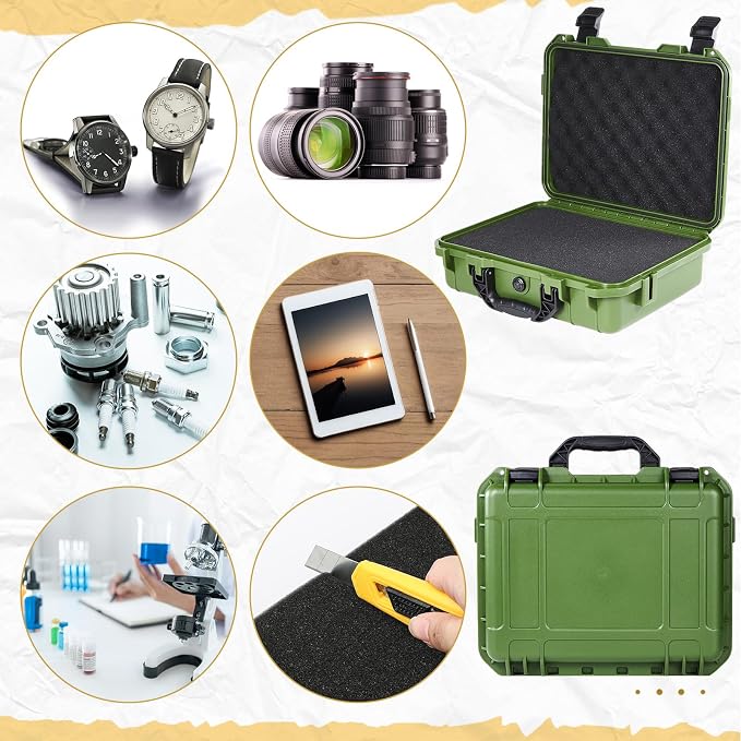 Relaxweex 1 Pcs Waterproof Hard Case with DIY Customizable Foam Insert Portable Protective Case with Knife for Camera Drones Equipments Tools Test Instruments(Green,14.3 x 11.4 x 4.5 Inch)