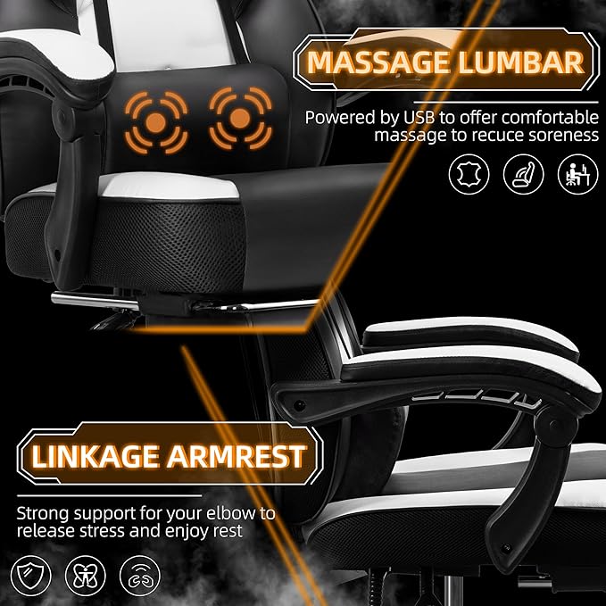 Shintenchi Gaming Chair,Video Game Chair with footrest and Massage Lumbar Support,Height Adjustable Game Chair with 360°Swivel Seat Ergonomic Computer Chair with Headrest for Office or Gaming(White)