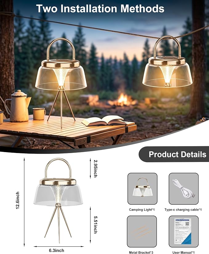 Solar Camping Lantern, 360°COB LED Camping Light Rechargeable with Solar&Type-C, IP65 Waterproof Tent Lights with Hook&Tripod Base, Bright Outdoor Hanging Lamp for Fishing, Power Outage(Gold)