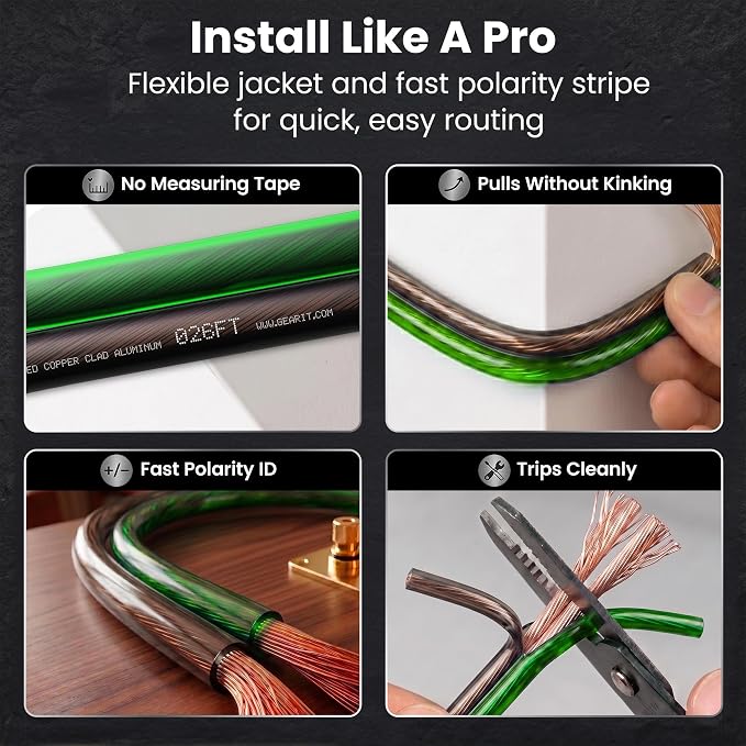 GEARit 16 Gauge Speaker Wire 100 ft,16 Gauge Wire with Foot Markers & Polarity Markings,Flexible Speaker Cable for Car Audio & Home Theater Speakers,Audio Cable for DIY Installations,CCA(Black Green)