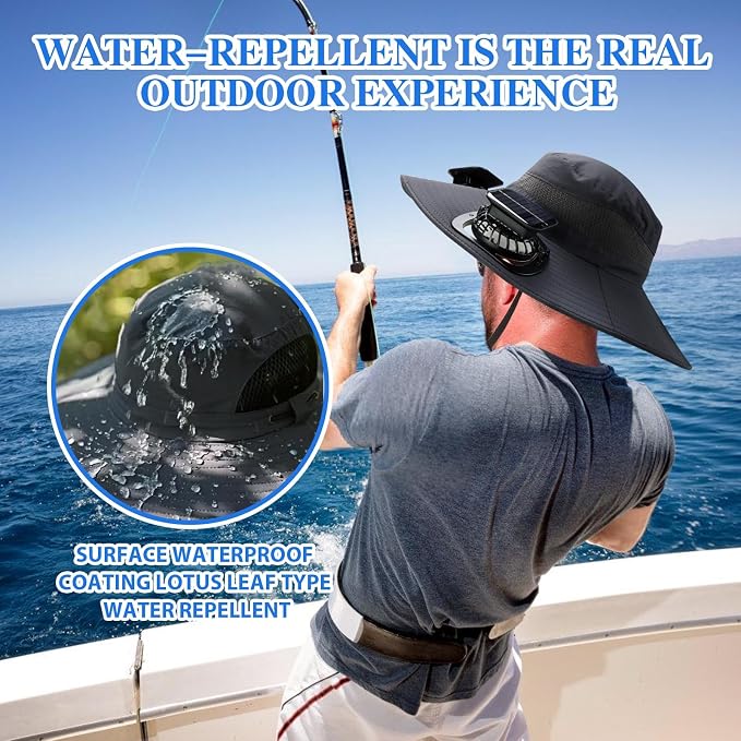 Solar Fan Hat, Wide Brim Sun Hat with 2 Solar Fan, Hat with Solar Fans Built in, Fishing Hat with Fan for Men, Waterproof Outdoor Hiking Camping Fishing