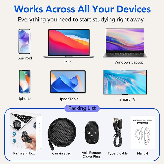 Anki Remote Clicker Ring, Zero-Setup Hands-Free Study Deck Controller with Up & Down Navigation Buttons, Rechargeable Wireless Flashcard Remote for iPhone, iPad, Mac, Android & Windows