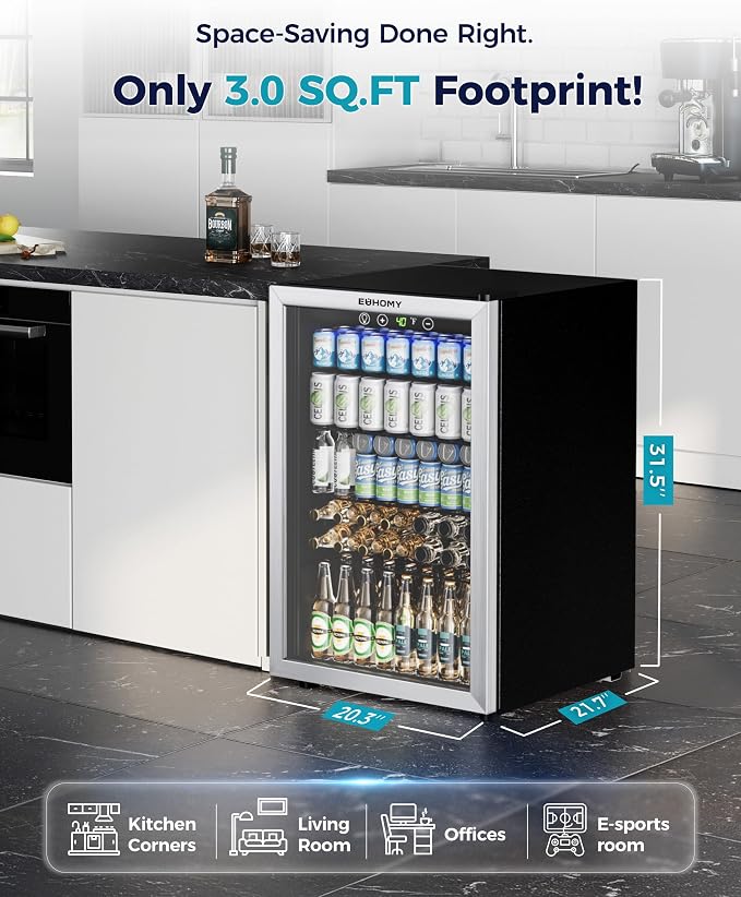 EUHOMY 4.5 Cu.ft Beverage Refrigerator and Cooler, 145 Can Mini fridge with Glass Door for Soda Beer Wine, Small Drink Dispenser with Digital Adjustable Thermostat for Home Office Bar