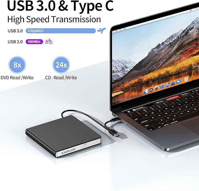 External CD DVD Drive for Laptop USB 3.0 USB C CD Burner External DVD Drive Portable CD ROM Burner Reader Writer Drive External DVD Player for Laptop Desktop PC Windows 11/10/8/7 MacBook Mac OS Linux