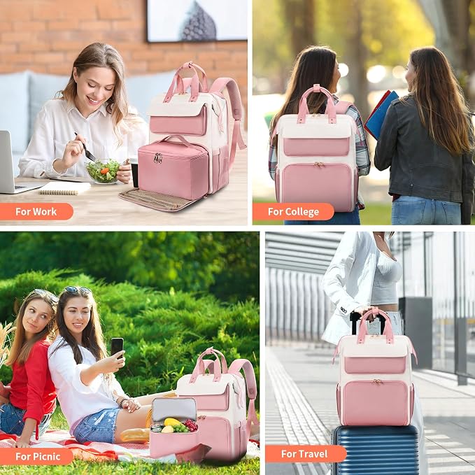 BERTASCHE Lunch Backpack for Women, 15.6 Inch Laptop Backpack with Insulated Cooler Lunch box, Nurse Backpack for Teacher Work Travel College Picnic,Pink-Beige