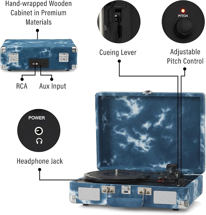 Crosley CR8005F-IN Cruiser Plus Vintage 3-Speed Bluetooth in/Out Suitcase Vinyl Record Player Turntable, Indigo