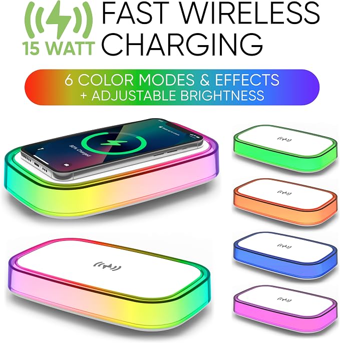 Westclox Wireless Charging Pad with Fast 15 Watt Wireless Charging, RGB Color Changing Light with 6 Modes, Adjustable Brightness, Slim Compact Design, USB C Powered Charging Pad for Home or Office