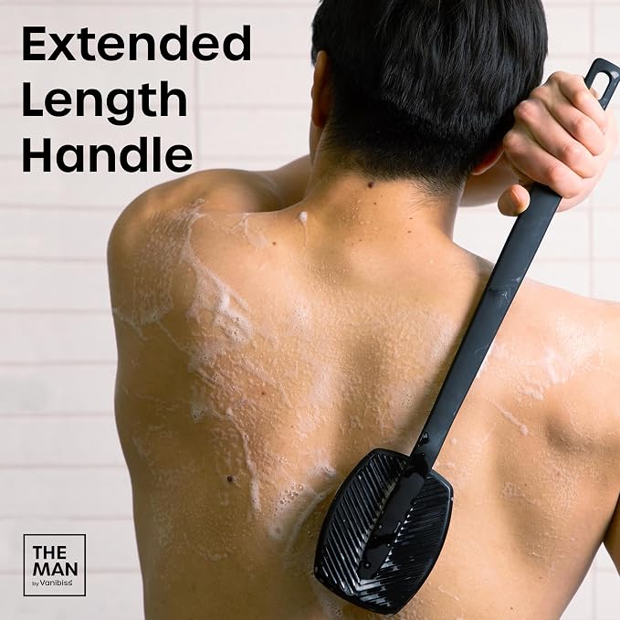The Man 18.5 Inch Silicone Back Scrubber for Men | Long handle reaches back, shoulders, legs and feet; soft silicone bristles cleanse and exfoliate with body wash