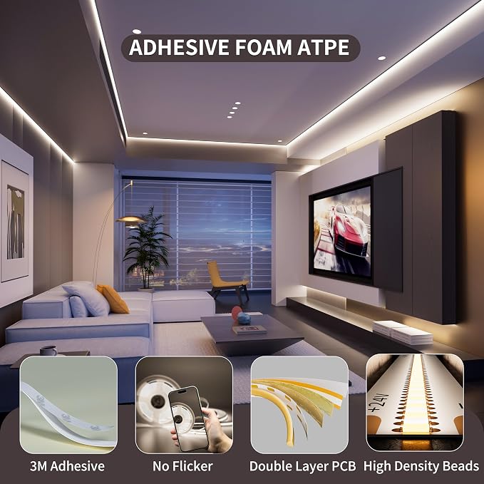 PAUTIX COB LED Strip Light White 5000K 20ft/6.1m,3087LEDs Super Bright 6000 Lumen,Dimmable 24V LED Tape Light with 3M Tape,RF Remote with Timer Function,48W Power Supply,for Bedroom,Home,Kitchen DIY