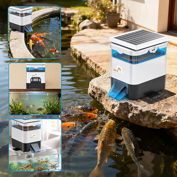 Automatic Fish Feeder for Pond Solar Powered 2.8L Capacity, Battery & AC Auto Timed Fish Feeder for Pond Indoor & Outdoor, Animal-Proof (1.5L)
