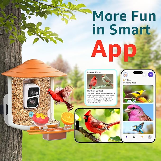 birdsnap® TUC Bird Feeder with Camera 2K HD Live with 32GB Card Auto Detect & Notify AI Identify Camera Birds Feeders Solar Powered Wireless Outdoors Backyard Gift for Mom Dad Birds Lover, 2.4G WiFi