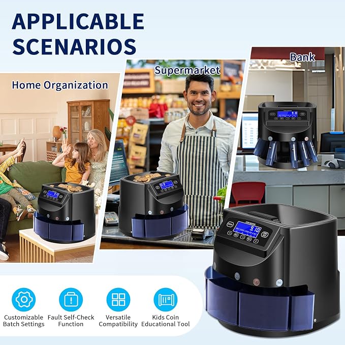 Coin Counter and USD Coin Sorter with LCD Display, Automatic Change Counter for 1￠ 5￠ 10￠ 25￠ $1, 270 Coins/min, 300-Coin Capacity, Coin Sorter and Wrapper Machine for Fast & Accurate Sorting