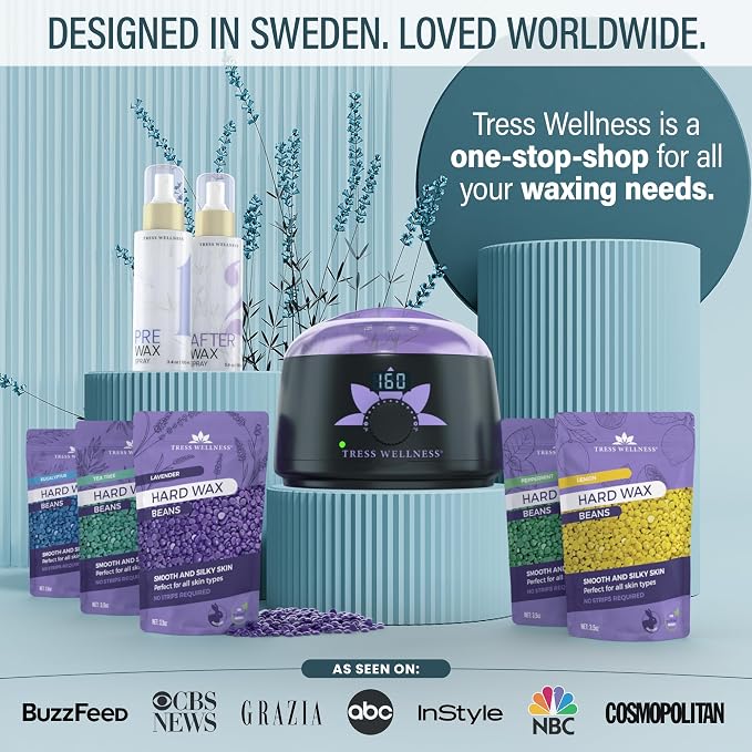 Tress Wellness Award Winning Waxing Kit for Sensitive Skin – Safe for Face & Skin, Easy to Use – At-Home Kit for Face, Bikini, Brazilian & Full Body - Digital Display, Blue Water