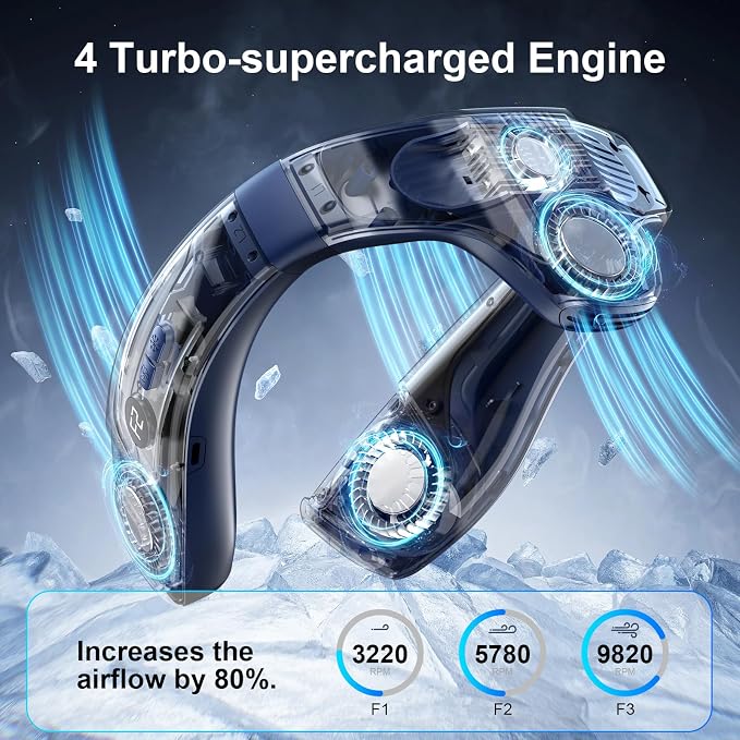 Neck Air Conditioner Fans That Blow Cold Air, 6000 mAh Battery Operated Wearable Cooling Device Fan, Bladeless, Rechargeable Fan, BLue
