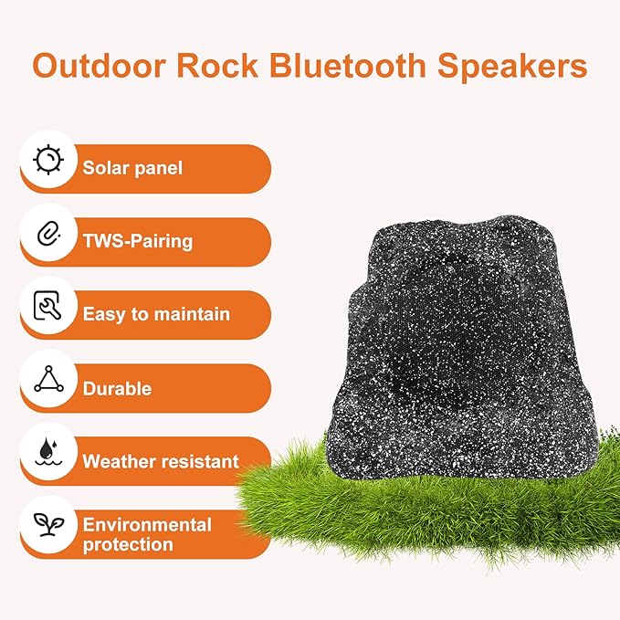 STUDIOFINIX 4" Rock Speakers Outdoor Waterproof - 5.3 Bluetooth Wireless Speaker Solar Powered Max Peak 160W for Garden,Patio,Deck,Pool,Backyard (Gray 1 Pair)