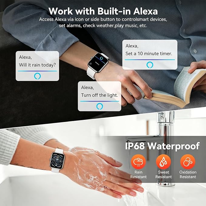Smart Watch with Alexa Built-in, 1.83" HD Touchscreen Fitness Tracker, Bluetooth Notifications/Calls, IP68 Waterproof, 120+ Sport Modes, 24/7 Heart Rate & Sleep Monitor for iPhone Android iOS (White)