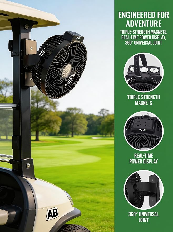 24000mAH Magnetic Golf Cart Fan with Heavy-Duty Strap, 8-inch Battery Operated Fan with Triple-Magnet, Bright Lighting, Compatible with EZGO Club Car Yamaha, Golf Cart Accessories, Golf Gift 2026