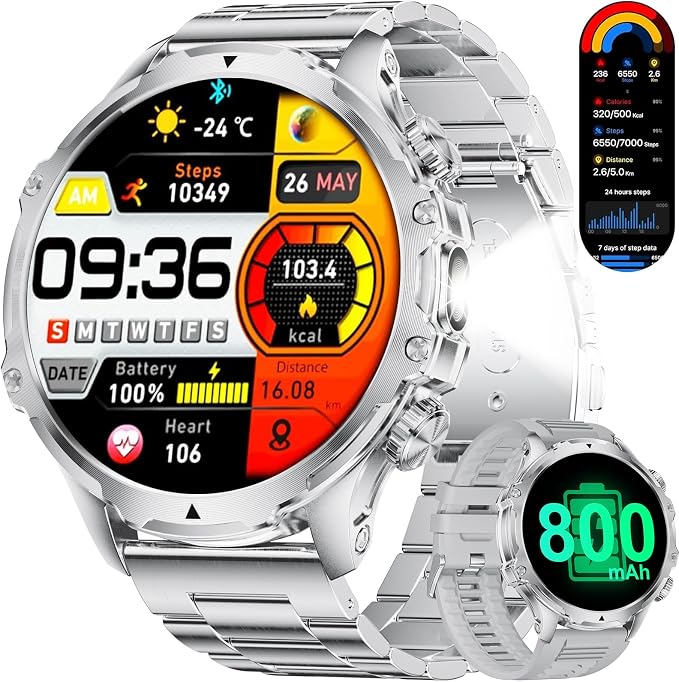 Military Smart Watch for Men Answer/Make Call, 1.85'' HD Rugged Smartwatch with 800mAh Battery/Flashlight/Heart Rate/110+ Sports Mode, IP68 Waterproof Fitness Tracker Watch for Android iPhone,Silver
