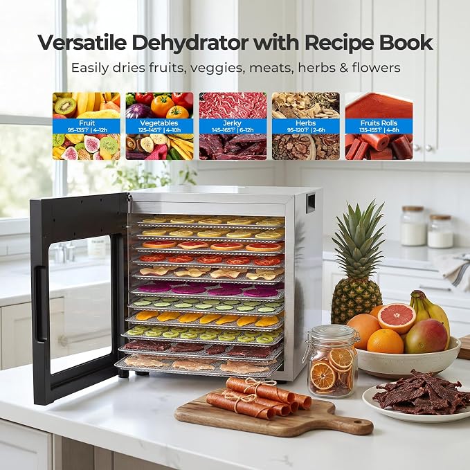 OSTBA Food Dehydrator, 12 Stainless Steel Trays, 95–165℉ Adjustable Temp, 48h Digital Timer, 850W Food Dryer, Front Control Panel with 10 Presets for Fruit, Vegetable, Jerky, Herb, Commercial Use