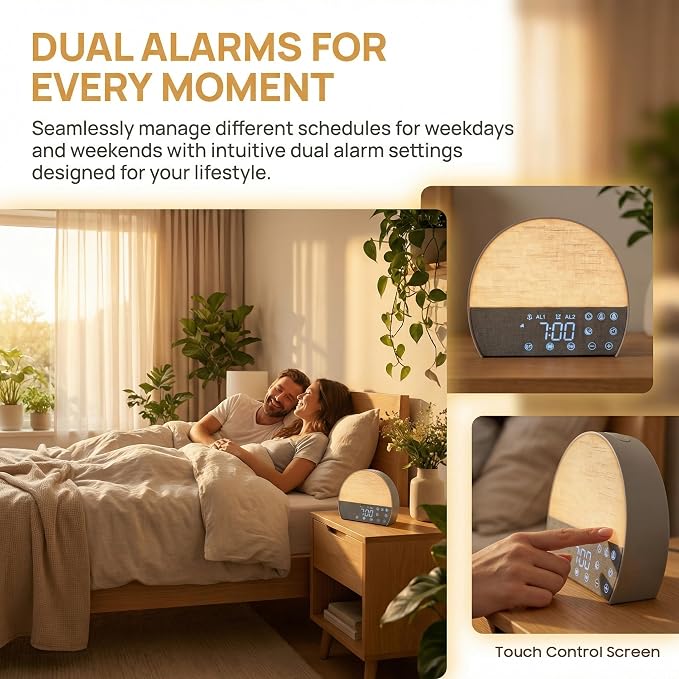 Sunrise Alarm Clock, 30 Soothing Sounds, FM Radio & Bluetooth | Zero Blue-Light Display, Flame-Retardant Build, No App Needed, Gift-Ready Box, Dual Alarms, Touch Panel