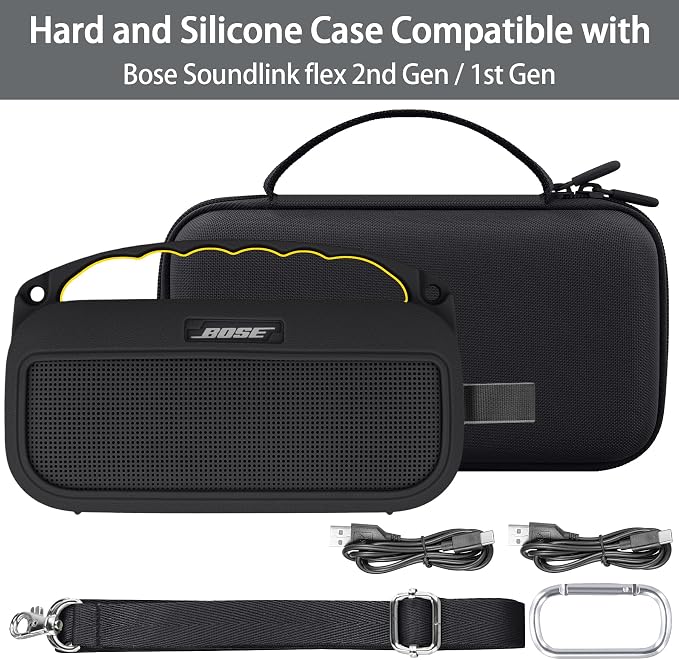 co2CREA Hard Case and Silicone Case Replacement for Bose New SoundLink Flex 2nd Gen/Bose SoundLink Flex Bluetooth Portable Speaker, Protective Case with Carabiner and Shoulder Strap (Black Case)