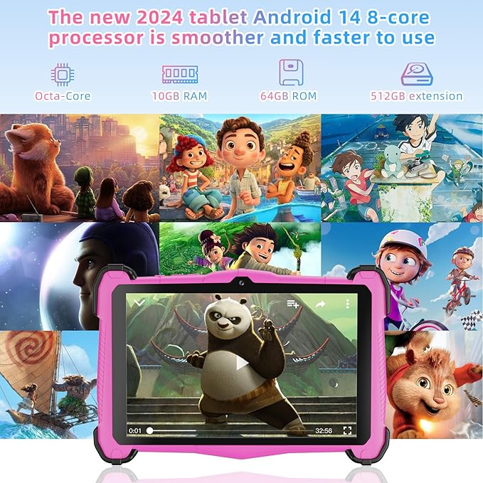 Kids 7 Inch Tablet-Android 14 Tablet for Ages(3-12),Octa-Core,10G RAM+64GB ROM,WiFi6, Bluetooth 5.0,Parental Controls,Google Play,Gift for Kids,Kid-Proof with Shockproof Case-Pink