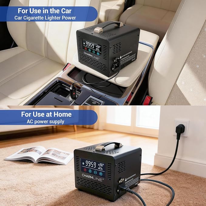 Charmline 2-in-1 Smart Ozone Generator with Remote Control, Powered by AC or 12V Car Cigarette Lighter, Odor Eliminator for Car, Room & Basement, 60,000 mg/h, Black
