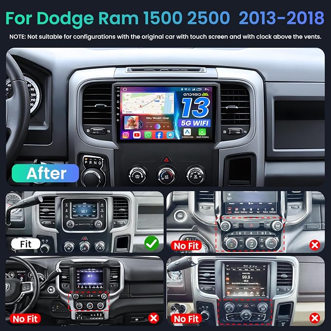 8 Core 4GB RAM Car Stereo Radio for Dodge Ram 1500 2500 2013-2018: Wireless CarPlay & Android Auto, 9 in 1280 * 800 Touchscreen GPS Nav Bluetooth Backup Camera 5G WiFi SWC FM