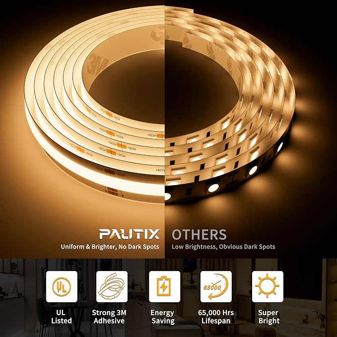 PAUTIX 5V USB COB LED Strip Lights with RF Remote,Dotless LED Lights 2700K-6500K CCT Tunable White Dimmable 6.56ft TV Backlight,Flexible Under Cabinet Tape Light for Bedroom,Kitchen,Shelf DIY Lighting