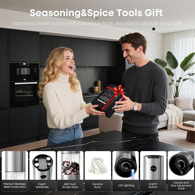 2 Pack Electric Salt Pepper Grinder, One Hand LED Ceramic Burr Adjustable Grind Kitchen Gift